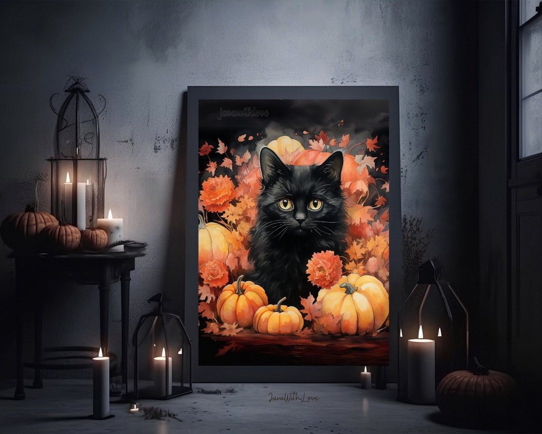 Cute Black Cat Pumpkin Decor Printable Halloween Wall Art Vintage