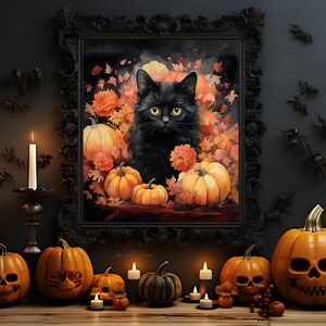 Puede incluir: Un gato negro con ojos verdes se sienta en una pintura rodeado de calabazas naranjas y marrones y hojas de oto&ntilde;o. La pintura est&aacute; enmarcada en negro y tiene el texto "Pintado con amor" en la parte inferior.