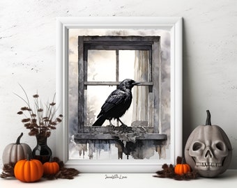 Printable Haunted Raven wall art Rustic witch-core decor spooky dark halloween decor broody raven crow digital print Autumn Decor Dark Witch