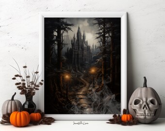 Printable Haunted Mansion wall art witch haunted house spooky dark halloween decor wiccan digital print Autumn decor Dark Academia Ghost