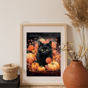 Puede incluir: Un gato negro con ojos verdes se sienta en una pila de calabazas naranjas y hojas de oto&ntilde;o. El gato est&aacute; rodeado de follaje oto&ntilde;al y calabazas. La imagen tiene el texto "Drawn with Love" en la parte superior.