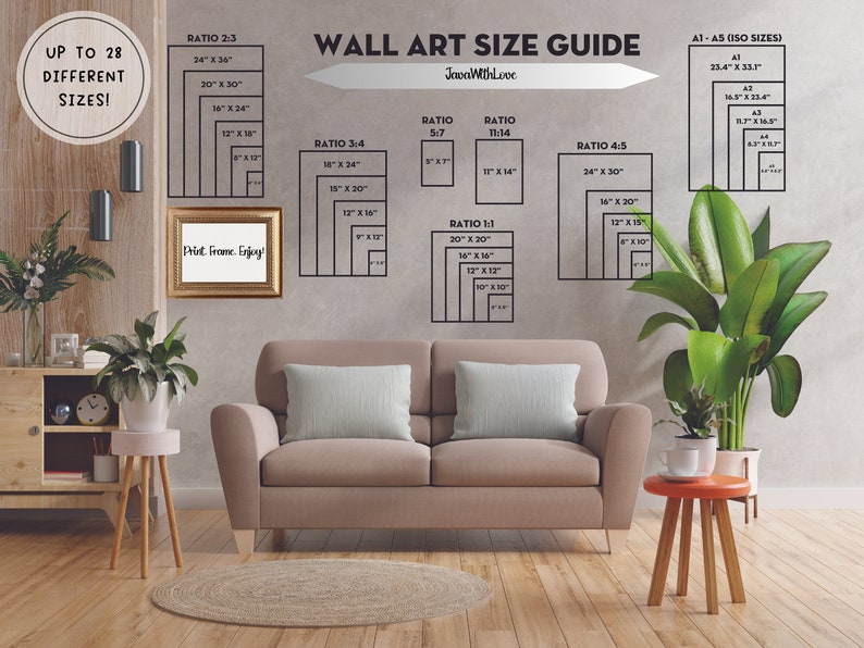 Puede incluir: Una gu&iacute;a de tama&ntilde;os de arte de pared con diferentes proporciones y tama&ntilde;os en pulgadas. La gu&iacute;a muestra las dimensiones de varios tama&ntilde;os de arte de pared, incluyendo 24x34 pulgadas, 20x30 pulgadas, 16x24 pulgadas, 12x18 pulgadas, 10x15 pulgadas, 8x12 pulgadas, 6x9 pulgadas, 5x7 pulgadas, 4x6 pulgadas, 3x4 pulgadas, 2x3 pulgadas, 11x14 pulgadas, 10x10 pulgadas, 9x12 pulgadas, 8x10 pulgadas, 7x9 pulgadas, 6x8 pulgadas, 5x7 pulgadas, 4x5 pulgadas, 3x4 pulgadas, 2x3 pulgadas, 1x1 pulgadas, 20x20 pulgadas, 16x16 pulgadas, 12x12 pulgadas, 10x10 pulgadas, 8x8 pulgadas, 6x6 pulgadas, 4x4 pulgadas, 3x3 pulgadas, 2x2 pulgadas, 1x1 pulgadas, 24x30 pulgadas, 16x20 pulgadas, 12x15 pulgadas, 10x12 pulgadas, 8x10 pulgadas, 6x8 pulgadas, 4x6 pulgadas, 3x5 pulgadas, 2x3 pulgadas, 1x2 pulgadas, 23.4x33.1 pulgadas, 16.5x25.4 pulgadas, 11.7x16.5 pulgadas, 8.3x11.7 pulgadas, 5.9x8.3 pulgadas. La gu&iacute;a se muestra en una pared en un ambiente de sala de estar con un sof&aacute;, una mesa auxiliar y una planta.