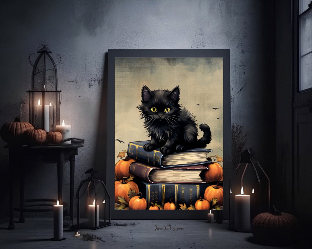 Black Cat Printable Halloween Pumpkin Wall Art Rustic Books Stack Print ...