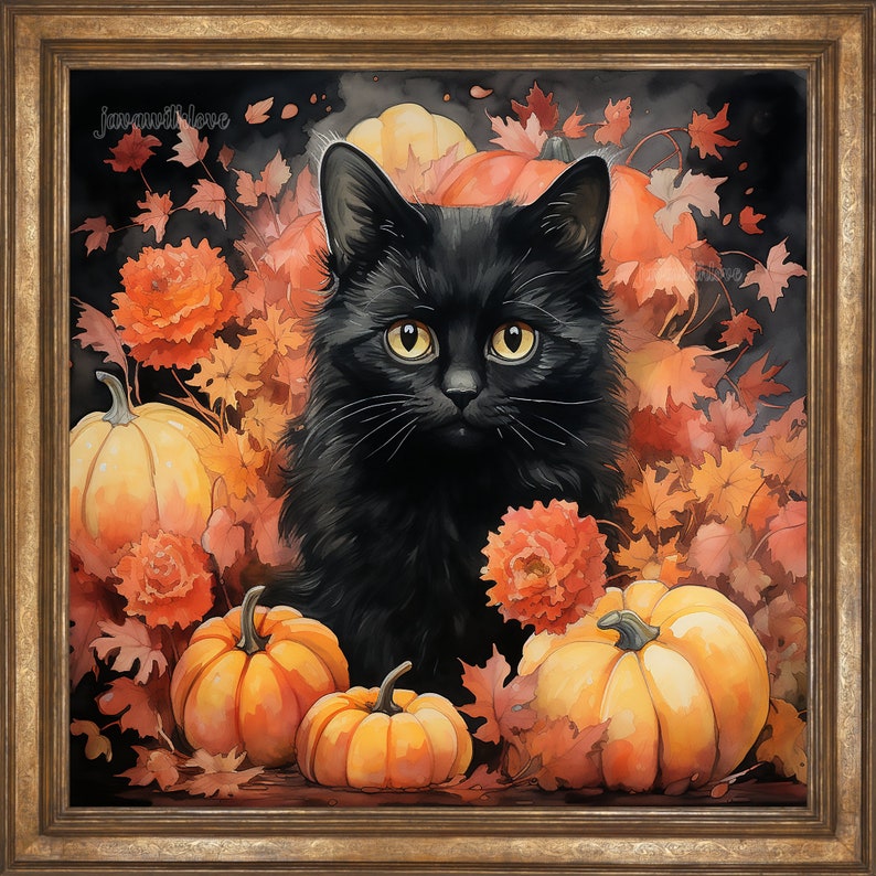 Puede incluir: Un gato negro con ojos verdes se sienta en un mont&oacute;n de hojas de oto&ntilde;o y calabazas. El gato est&aacute; mirando directamente al espectador. Las hojas son de color naranja, rojo y amarillo. Las calabazas son de color naranja y tienen tallos.