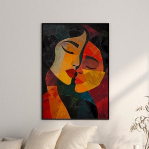 May include: Abstract painting of two faces, one with closed eyes and the other with open eyes, in a cubist style with geometric shapes and vibrant colours like red, yellow, and blue.