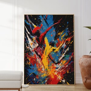 Può includere: Dipinto astratto di due figure in movimento, con schizzi di vernice rossa, gialla, blu e bianca su uno sfondo nero.