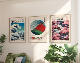 Hokusai Poster Set - High quality 3 piece Katsushika Hokusai Japandi Poster Set for your home or as a gift - Hokusai Vintage Art