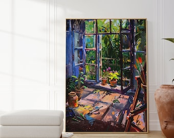 Artist Studio Wall Art | Open Window Garden Poster | Creative Room Decor | Colorful Painting Print | Botanical Atelier Wall Art