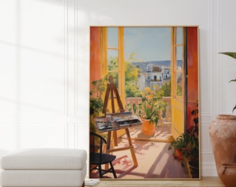 May include: A painting of a room with an easel, a chair, and a window overlooking a city. The room is painted in warm colors, with a yellow wall and a red door. The window is open, and the city is visible in the distance. The easel is set up with a canvas and paintbrushes, and the chair is positioned in front of the easel. The painting is a beautiful depiction of a painter's studio.