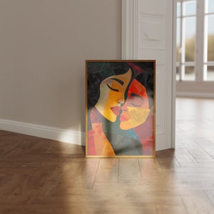 May include: Abstract painting of two people with closed eyes, their faces are close together and their lips are touching. The painting is done in a colourful style with shades of red, yellow, orange, and black.