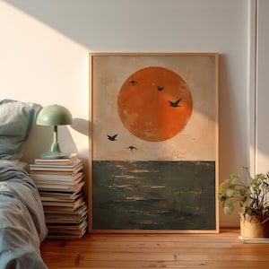 Orange sol och hav väggkonsttryck, minimalistisk havslandskapsaffisch, abstrakt solnedgångsfågelkonst, varm kustväggdekor