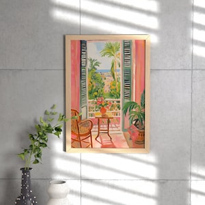 May include: A painting of a room with a window overlooking a cityscape. The window is open and there is a chair and a small table with a vase of flowers in the room. The painting is framed in a light wood frame.