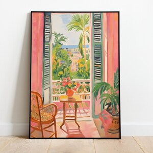 May include: A painting of a room with a window overlooking a city. The window has green shutters and is open, revealing a view of a city with palm trees and a blue sky. There is a chair and a table with a vase of flowers in the room.