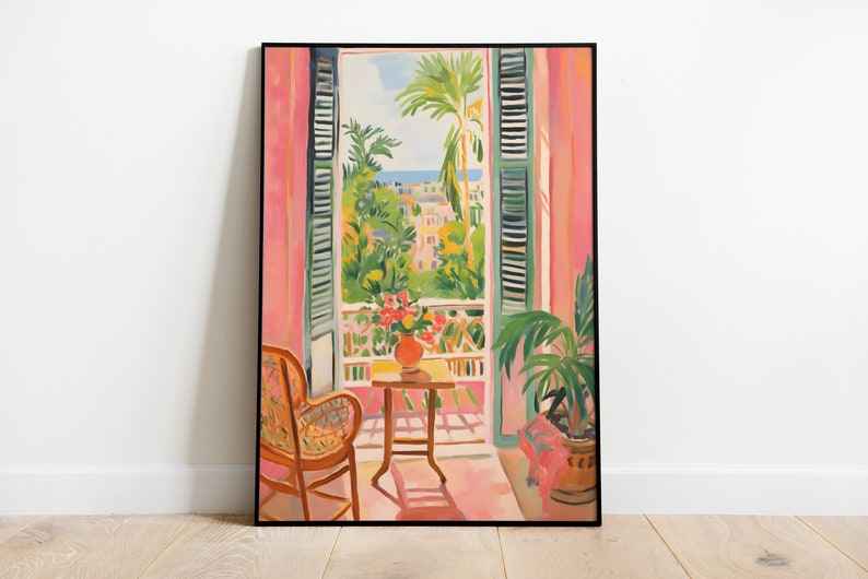May include: A painting of a room with a window overlooking a city. The window has green shutters and is open, revealing a view of a city with palm trees and a blue sky. There is a chair and a table with a vase of flowers in the room.