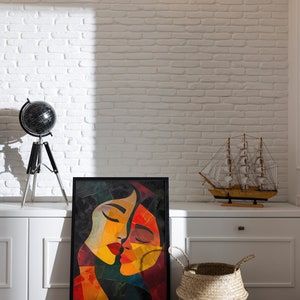 May include: A framed abstract painting of two faces in shades of red, yellow, and blue against a white brick wall. A globe on a tripod stand and a model sailing ship are on a white shelf below the painting.