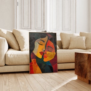 May include: Abstract painting of two faces, one with closed eyes and the other with open eyes, in a collage style with various colours including red, yellow, blue, and green.