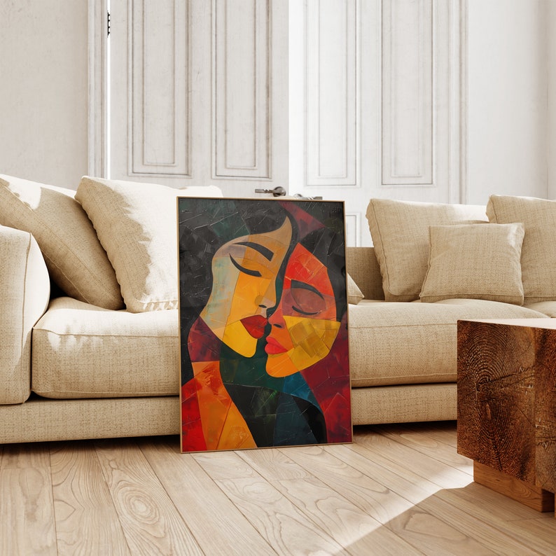 May include: Abstract painting of two faces, one with closed eyes and the other with open eyes, in a collage style with various colours including red, yellow, blue, and green.