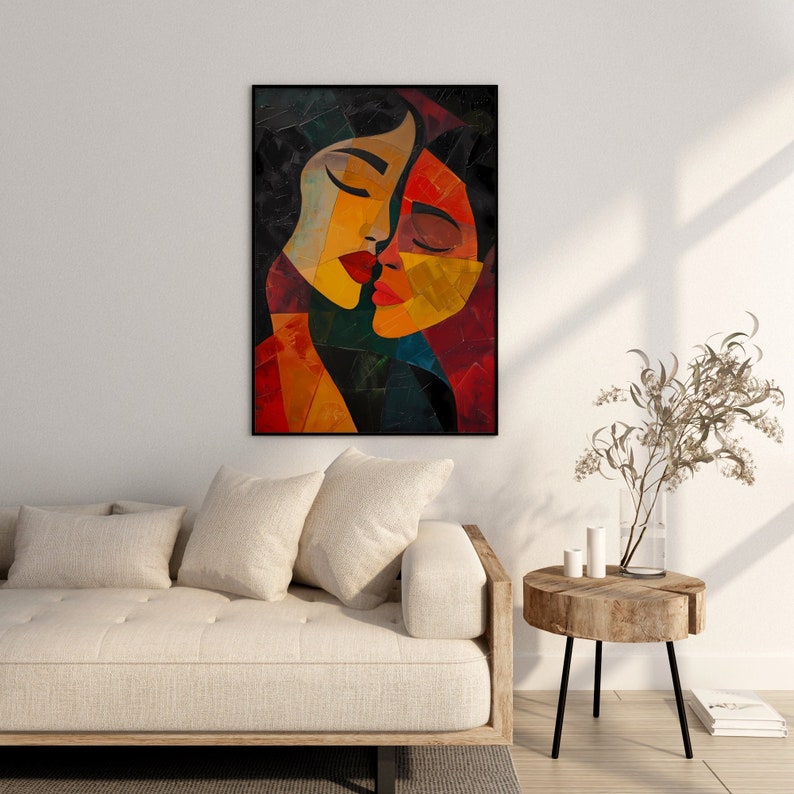 May include: Abstract painting of two faces, one with closed eyes and the other with open eyes, in a cubist style with geometric shapes and vibrant colours like red, yellow, and blue.