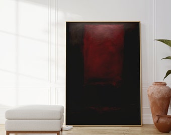 Op de afbeelding: Abstract schilderij met een donkere achtergrond en een groot rood rechthoek in het midden. Het schilderij is ingelijst in goud en hangt aan een witte muur.
