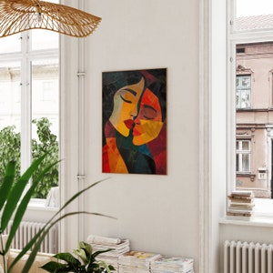 May include: Abstract painting of two faces, one with brown hair and the other with blonde hair, in a collage style with various colours and textures. The faces are close together and appear to be kissing.