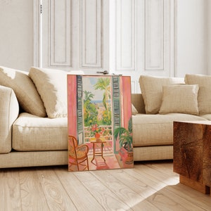 May include: A painting of a room with a window overlooking a city. The window is open and the curtains are pulled back. There is a chair and a small table in the room. The painting is done in a bright, colorful style.