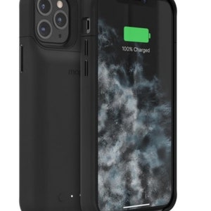 May include: Black phone case with a built-in battery pack. The case is 100% charged and has a lightning connector on the bottom. The phone screen shows a battery icon with the text "100% Charged".