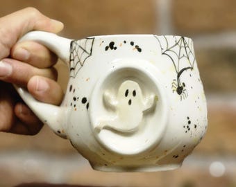 Handmade Ceramic Halloween Mug with 3D Ghost Figure, Spider Web Coffee Cup