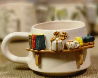 Miniature Bookshelf Ceramic Cup with Detailed Sculptural Design Figures (New Straighter Shape)