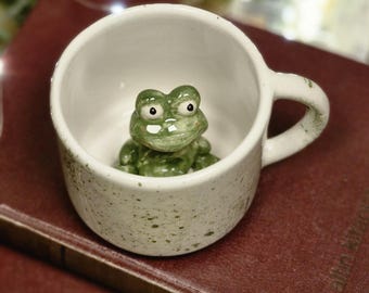 Handmade Ceramic Frog Mug with 3D Sculptural Surprise Frog Inside