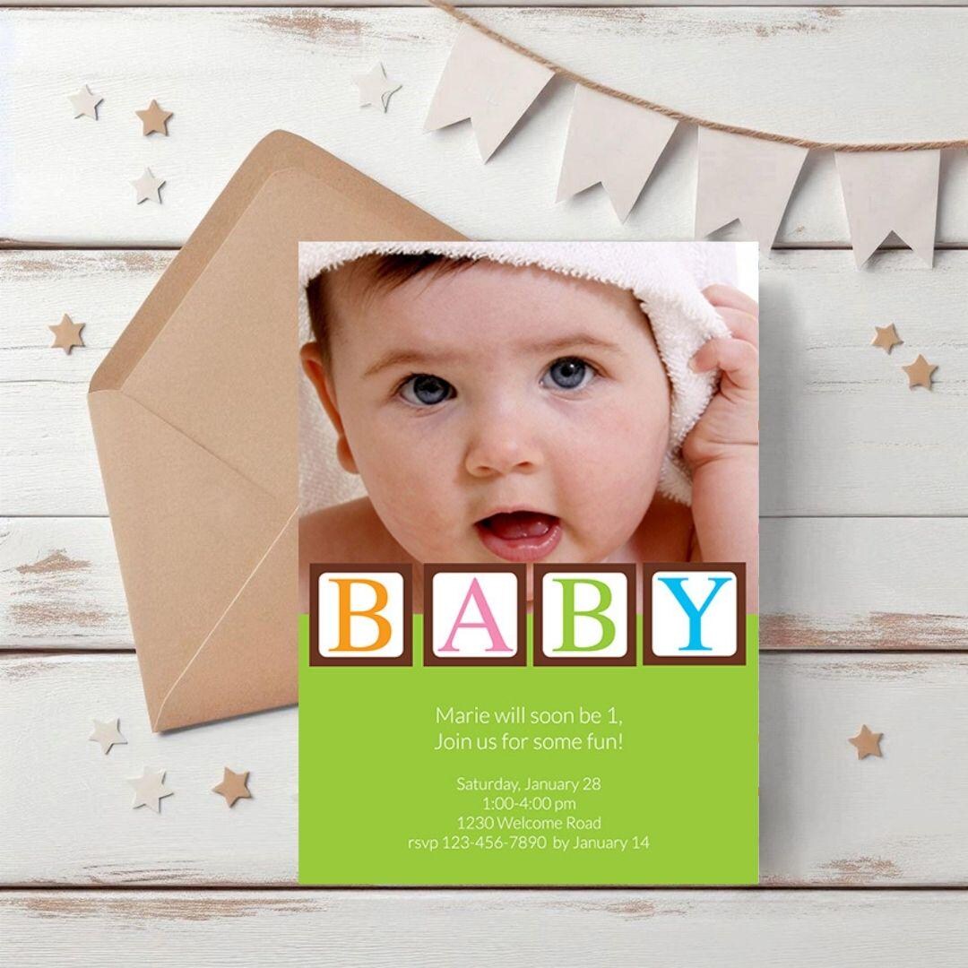 Baby Blocks Birthday Invitation – Customizable Photo Card (digital ...