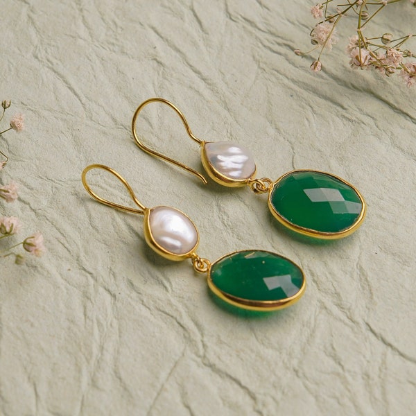 925 zilveren oorbellen met groene Oynx edelsteen, zilveren oorbellen, handgemaakte haak oorbellen-vrouwen sierlijke oorbellen edelsteen