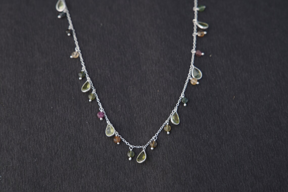Collier En Jaspe Multicolore Et Argent 925 - Fait Main, Longueur 19,75 Pouces (50 Cm) - Unique