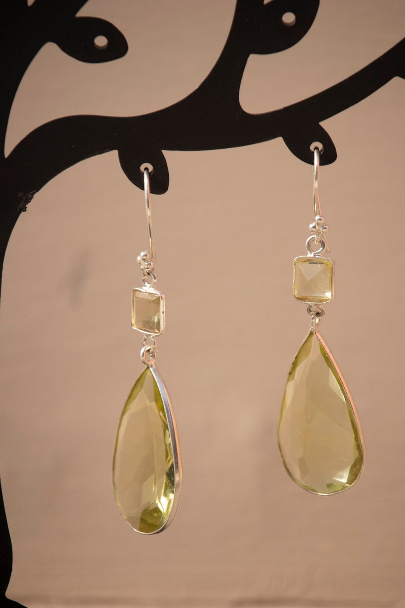 Lemon Quartz Silver Earring for Women, 2 Stone Dangle Earrings