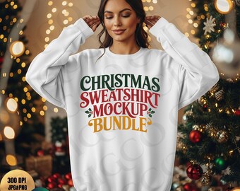 May include: A white sweatshirt featuring the text "CHRISTMAS SWEATSHIRT MOCKUP BUNDLE" in green, red, and gold. The image is a mockup, possibly for design display. The background includes Christmas decorations and fairy lights.