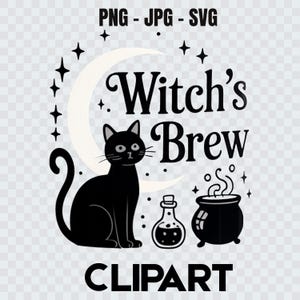 Witch&#39;s Brew Black Cat Clipart: Halloween PNG, SVG, PDF for Mugs, Shirts, Stickers