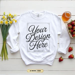 Maqueta de sudadera blanca Gildan 18000, vista plana de primavera, maqueta de cuello redondo, estampado floral/estilo cottagecore, descarga digital.