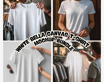Könnte beinhalten: Ein weißes Bella Canvas T-Shirt Mockup-Bundle. Das Bild zeigt vier verschiedene Ansichten eines schlichten weißen T-Shirts. Der Text "WHITE BELLA CANVAS T-SHIRT MOCKUP BUNDLE" ist auf dem Bild überlagert.