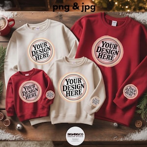 May include: A collection of sweatshirts in cream and red, featuring a circular design that reads "YOUR DESIGN HERE." The sweatshirts vary in size, with the text "png & jpg" at the top. The bottom right corner has the text "BIGNBIGCO DESIGN STUDIO."