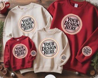 Gildan 18000 Family Mockup Bundle, Christmas Family Matching Sweatshirt Mockup, Red and White Sweatshirt, Holiday Mockup, Kids Adult Mockup