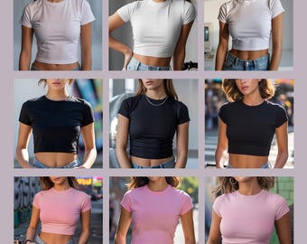 Lot de maquettes de haut court, maquette de modèle femme, maquette de t-shirt bébé, t-shirt streetwear pour toile, blanc noir rose