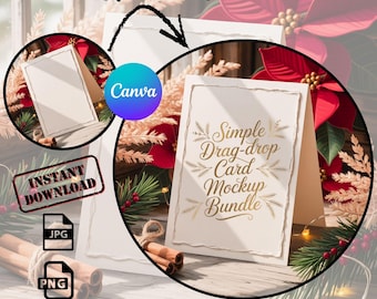 Pacote com 50 Mockups de Cartões para Canva | Mockups de Cartões com Arrastar e Soltar | Mockup de Cartão de Felicitações em PNG e JPG | Download Instantâneo
