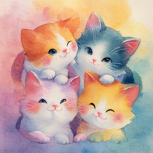 Cute Kittens in JPG, Watercolor Animals-Kittens Clipart Bundle, Colourfull Kitten Clipart Bundle, Watercolor Cute Kitten JPG, Kitten Clipart