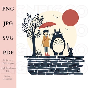 Totoro Anime Shirt PNG, Unisex Digital Tee and Wall Art Design SVG, Ghibli Style Japanese Cartoon Character for Cosplay & Fan Gifts