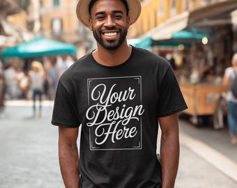 Comfort Colors 1717 Black T Shirt Mockup Lifestyle, Male Model Street Mockup, Urban Outfit Mockup, Aesthetic Shirt Mockup PNG JPG