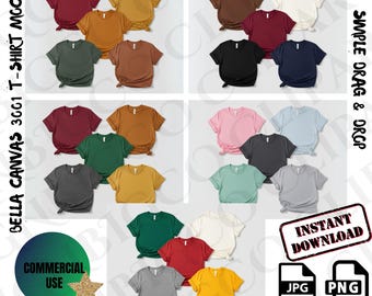 May include: A collection of Bella Canvas 3001 t-shirt mockups in various colors, including maroon, gold, green, and gray. The image includes text that reads "SIMPLE DRAG & DROP" and "INSTANT DOWNLOAD". A circular graphic states "COMMERCIAL USE".