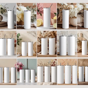 May include: A selection of white ceramic mugs with silver lids and straws. The mugs are arranged in different groups, some with floral and fruit decorations. The mugs are cylindrical and come in various sizes.