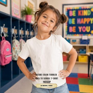 May include: A plain white short-sleeved t-shirt worn by a child. The shirt features a crew neckline and a simple, solid-colored design. The text on the image reads: NATURE COLOR TODDLER BACK TO SCHOOL T-SHIRT MOCKUP AI MODEL USED.