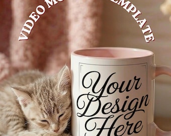 Cat Coffee Mug Video Mockup, Pink Accent Lifestyle Scene (PSD MP4 Download)