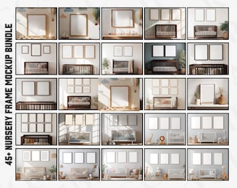 May include: A collection of 25 interior mockups featuring various frame arrangements in a nursery setting. Each mockup showcases a crib, decorative elements, and blank frames for artwork or photos. The text on the left reads "45+ NURSERY FRAME MOCKUP BUNDLE."