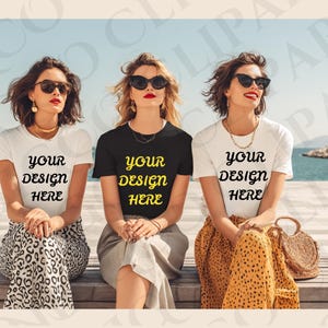 Woman Model Group Shirts Mockup, Bella Canvas Flat Lay T-shirt Mockups, Summer Vibe Yellow,White &d Black Color Tshirt Mock, Group Model Tee